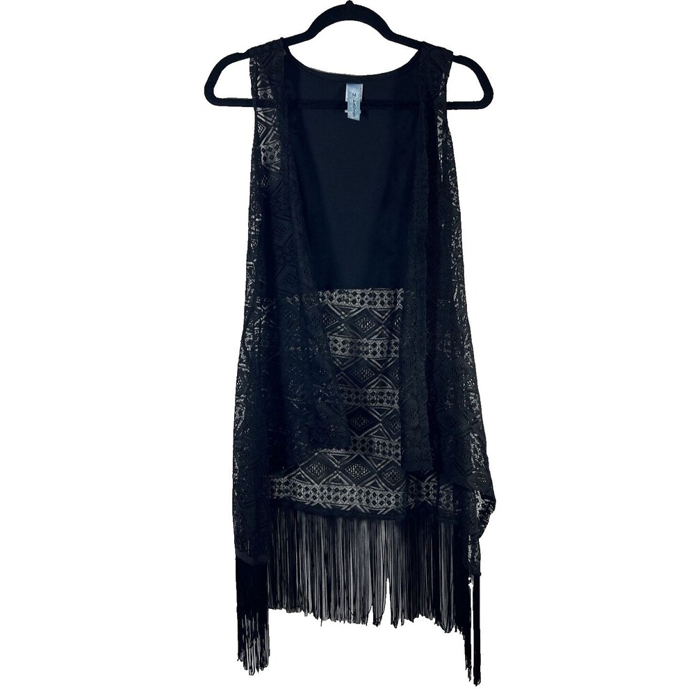 M Fasis Cover Up Vest Cardigan Blouse Net Fringe Bikercore Size S Black